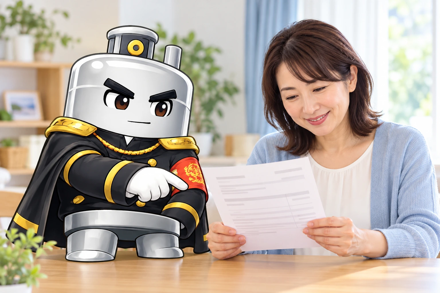 女性と応援団長が一緒に検針票を確認するイメージ