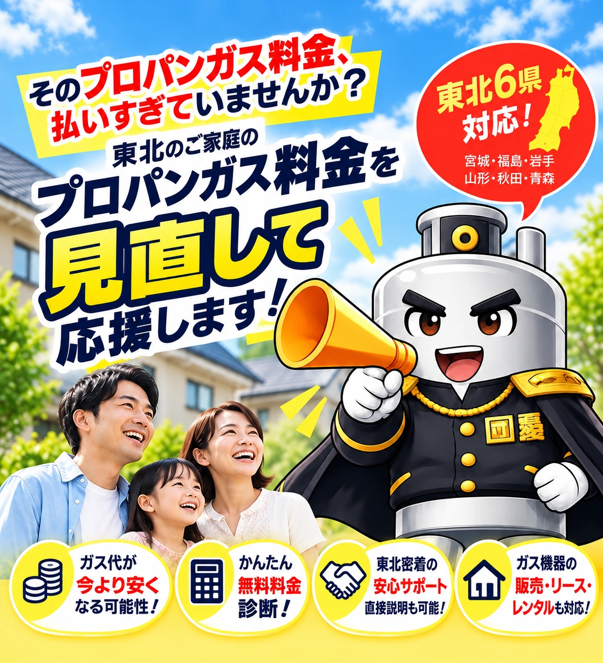 プロパンガス料金、払いすぎていませんか? 東北のご家庭のプロパンガス料金を見直して応援します。正式な応援団長と家族のビジュアル